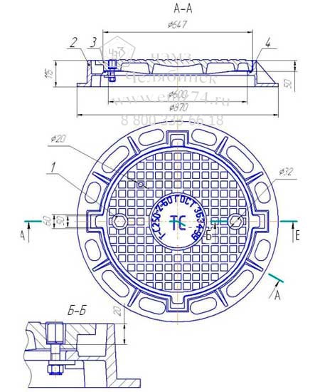 Схема люка чугунного тяжелого Т (С250)-2-60 четырехушкового на сайте ЧЭМЗ