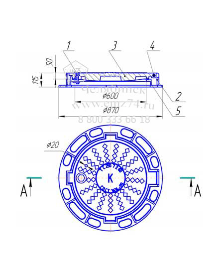 Схема люка чугунного тяжелого Т (С250)-7.2-60 с шарниром и запорным устройством на сайте ЧЭМЗ
