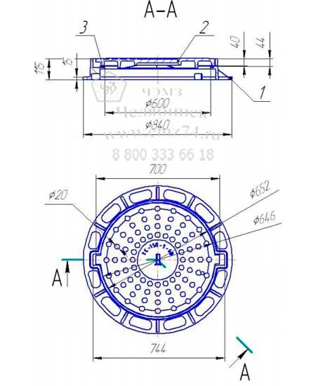 Схема люка чугунного тяжелого Т (С150)-2-60 с запорным устройством на сайте ЧЭМЗ